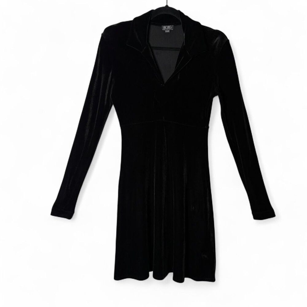 Vintage BCBG Max Azria Black Velvet Mini Dress Collared Long Sleeve Size S